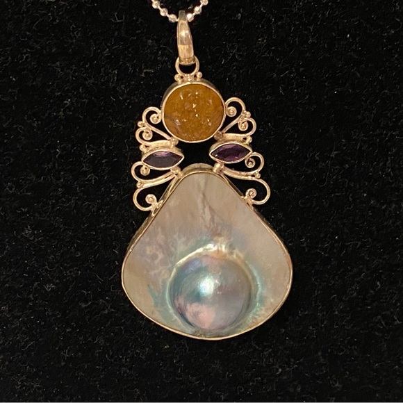 NECKLACE AGI STERLING SILVER BALL CHAIN 20” MABE BLISTER PEARL DRUZY ENHANCER - Picture 6 of 11